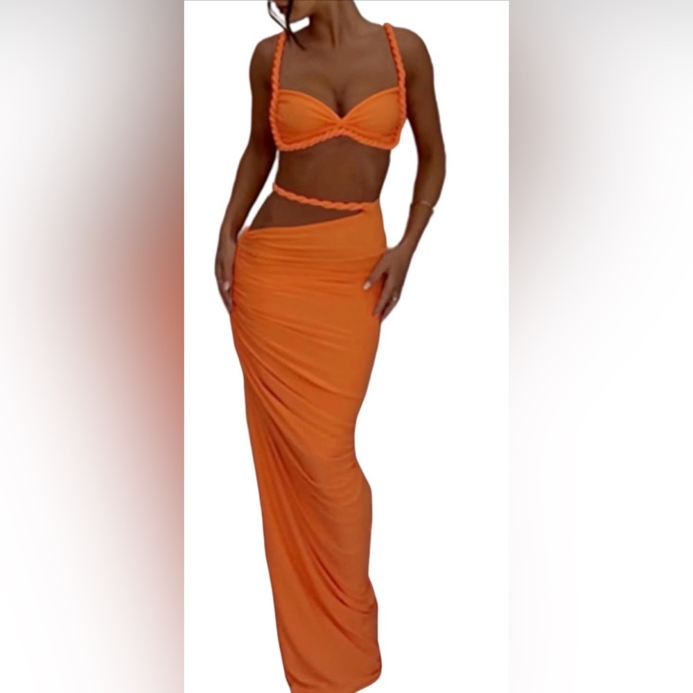 Orange Two-Piece Bra Top & Maxi Skirt Set